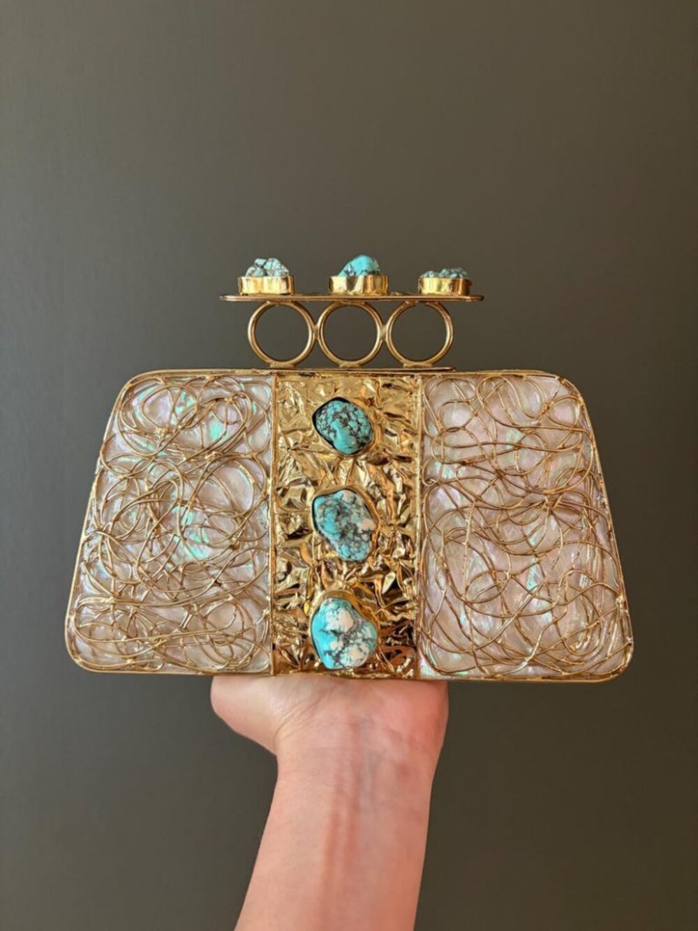 Mother of Pearl Turquoise Gold Clutch | Statement Evening Bag